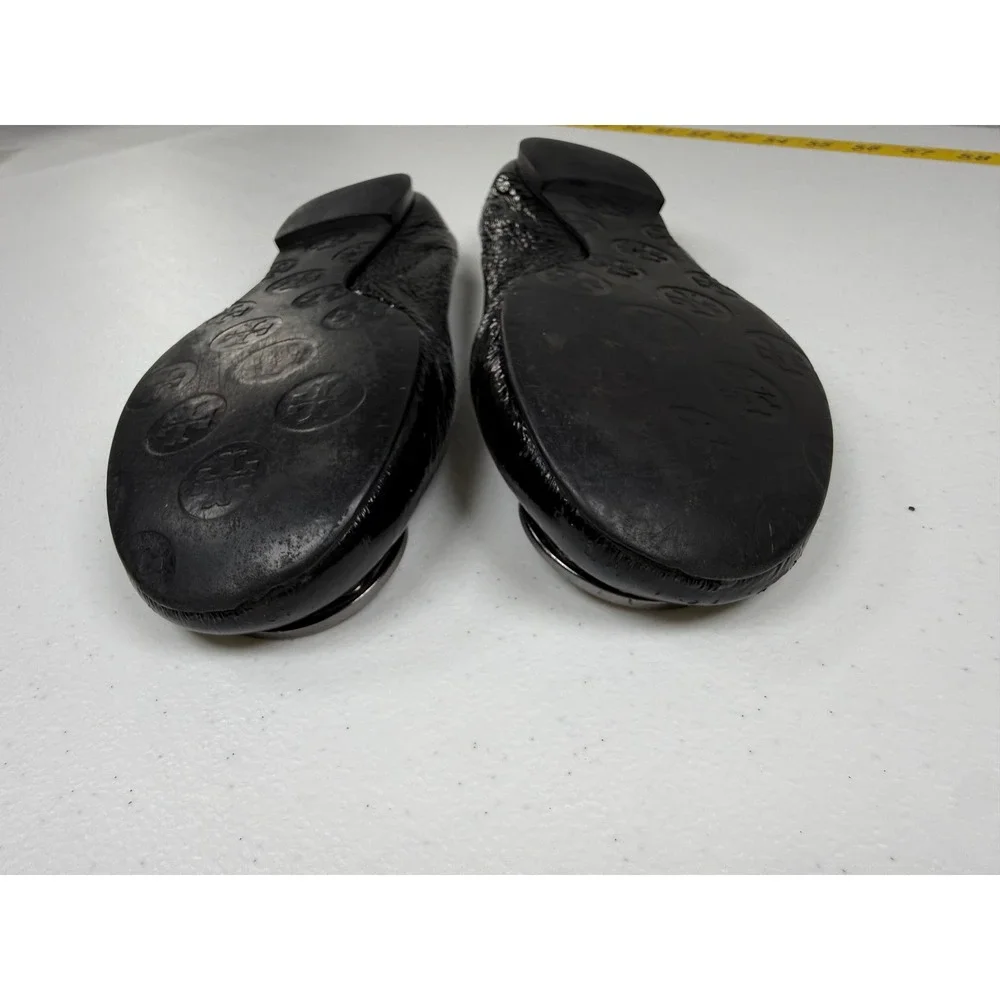 Tory Burch Reva Ballet Flats Women 7 Black Patent Leather Logo Glitter Medallion